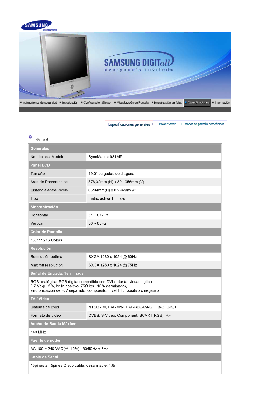 Samsung LS19RTUSS/EDC manual Generales 