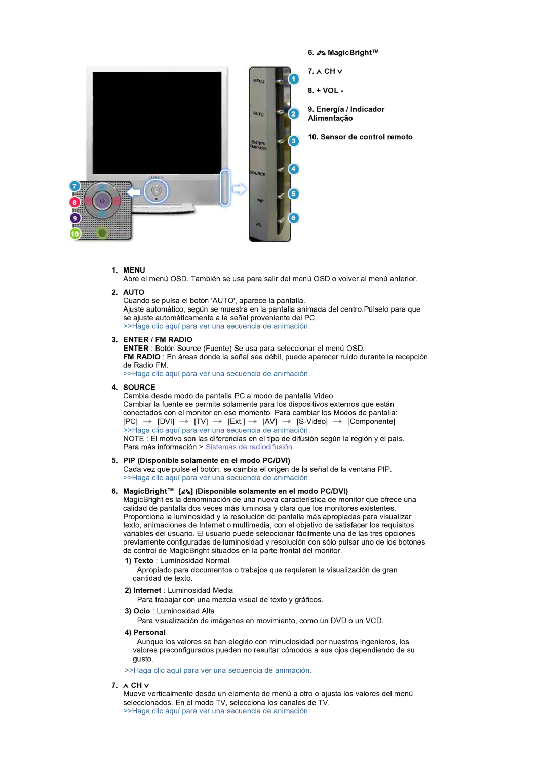 Samsung LS19RTUSS/EDC manual Menu, Enter / FM Radio, PIP Disponible solamente en el modo PC/DVI, Personal 