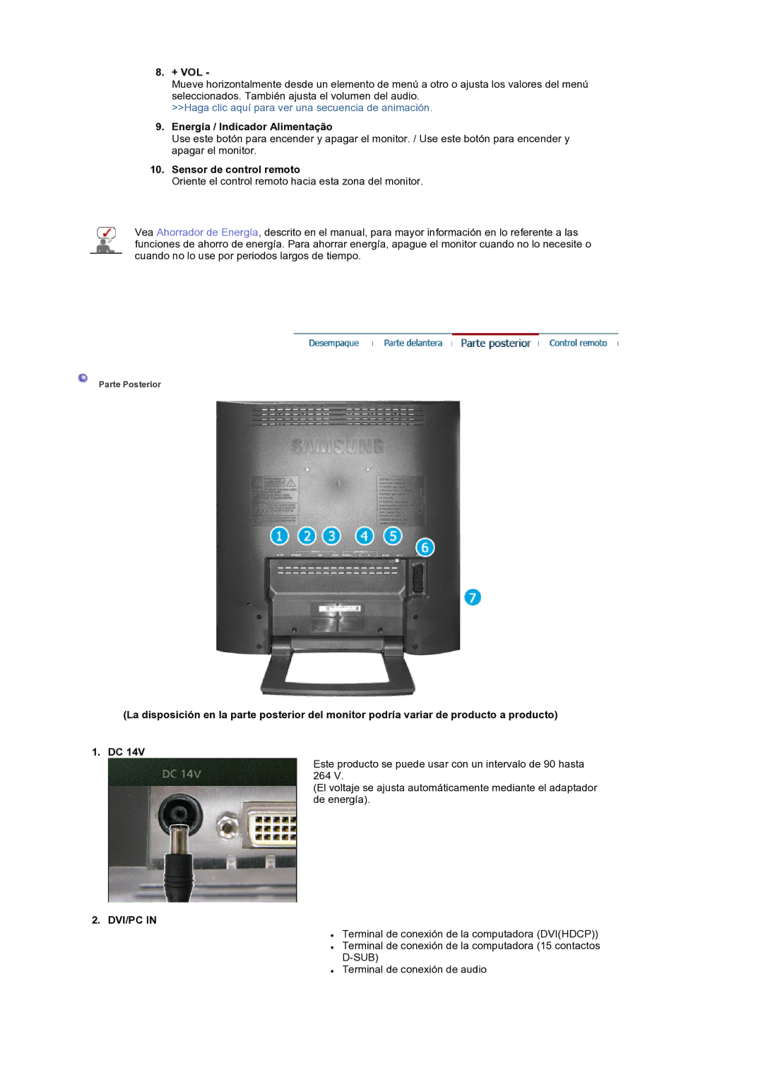 Samsung LS19RTUSS/EDC manual Energía / Indicador Alimentação, Dvi/Pc 