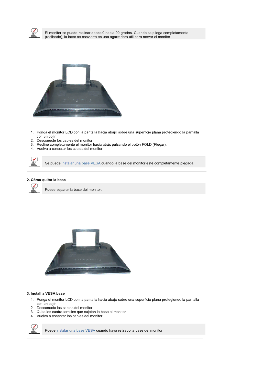 Samsung LS19RTUSS/EDC manual Cómo quitar la base, Install a Vesa base 