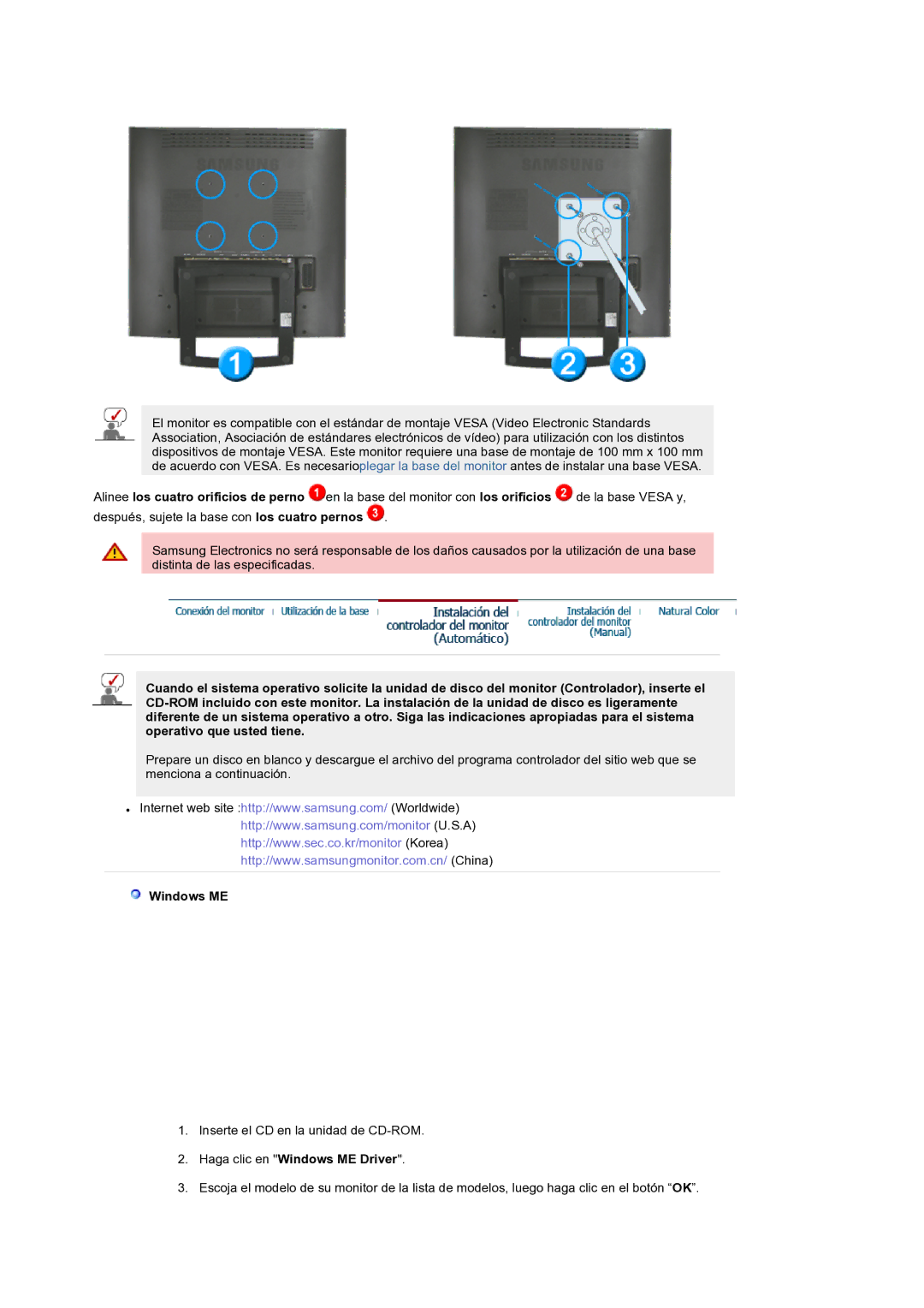 Samsung LS19RTUSS/EDC manual Haga clic en Windows ME Driver 