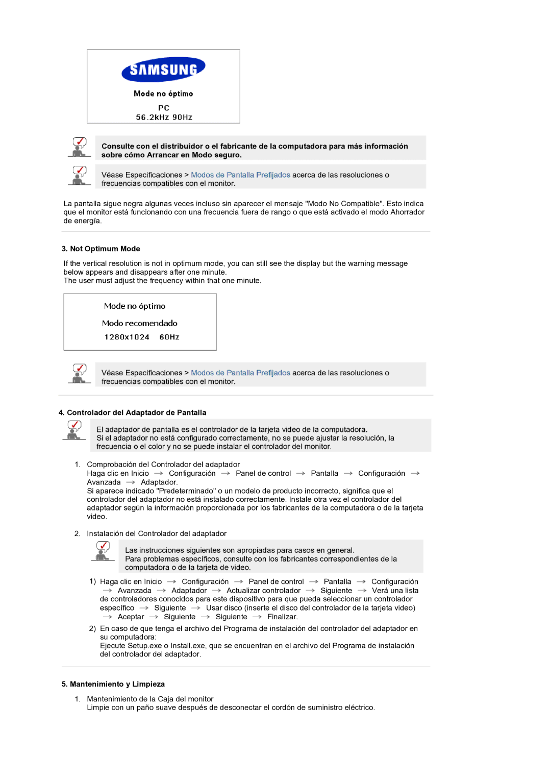 Samsung LS19RTUSS/EDC manual Not Optimum Mode, Controlador del Adaptador de Pantalla, Mantenimiento y Limpieza 