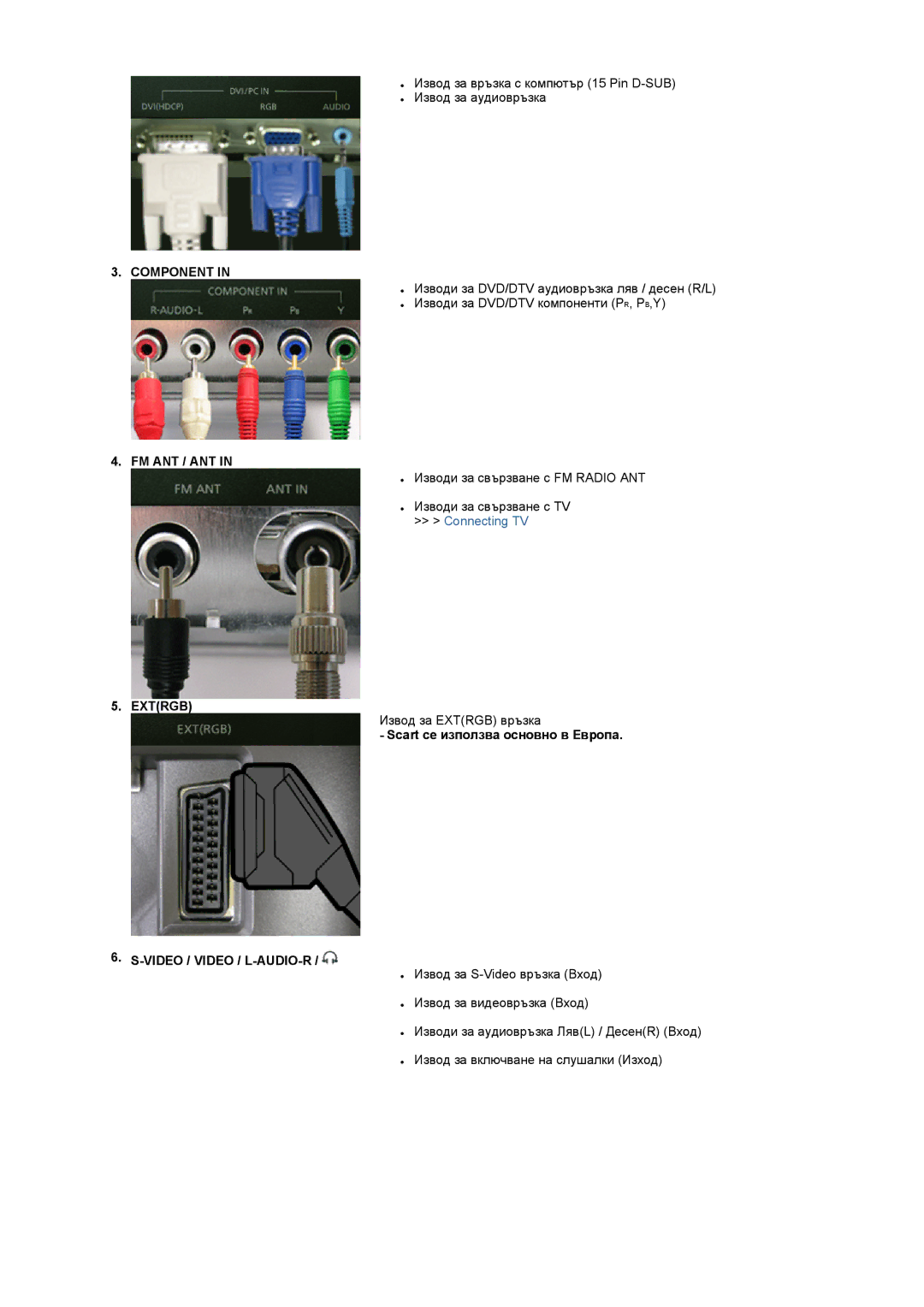 Samsung LS19RTUSS/EDC manual Component, Fm Ant / Ant, Extrgb, Scart се използва основно в Европа, Video / Video / L-AUDIO-R 