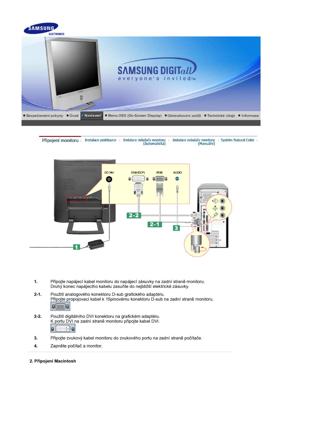 Samsung LS19RTUSS/EDC manual Připojení Macintosh 