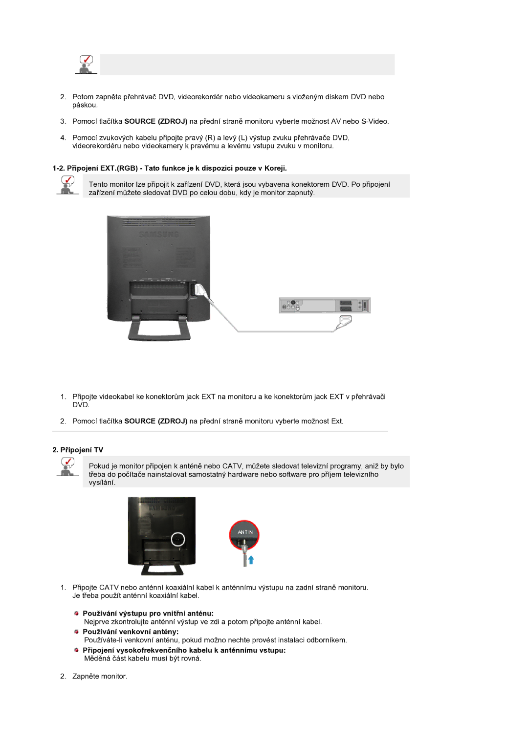 Samsung LS19RTUSS/EDC Připojení EXT.RGB Tato funkce je k dispozici pouze v Koreji, Připojení TV, Používání venkovní antény 