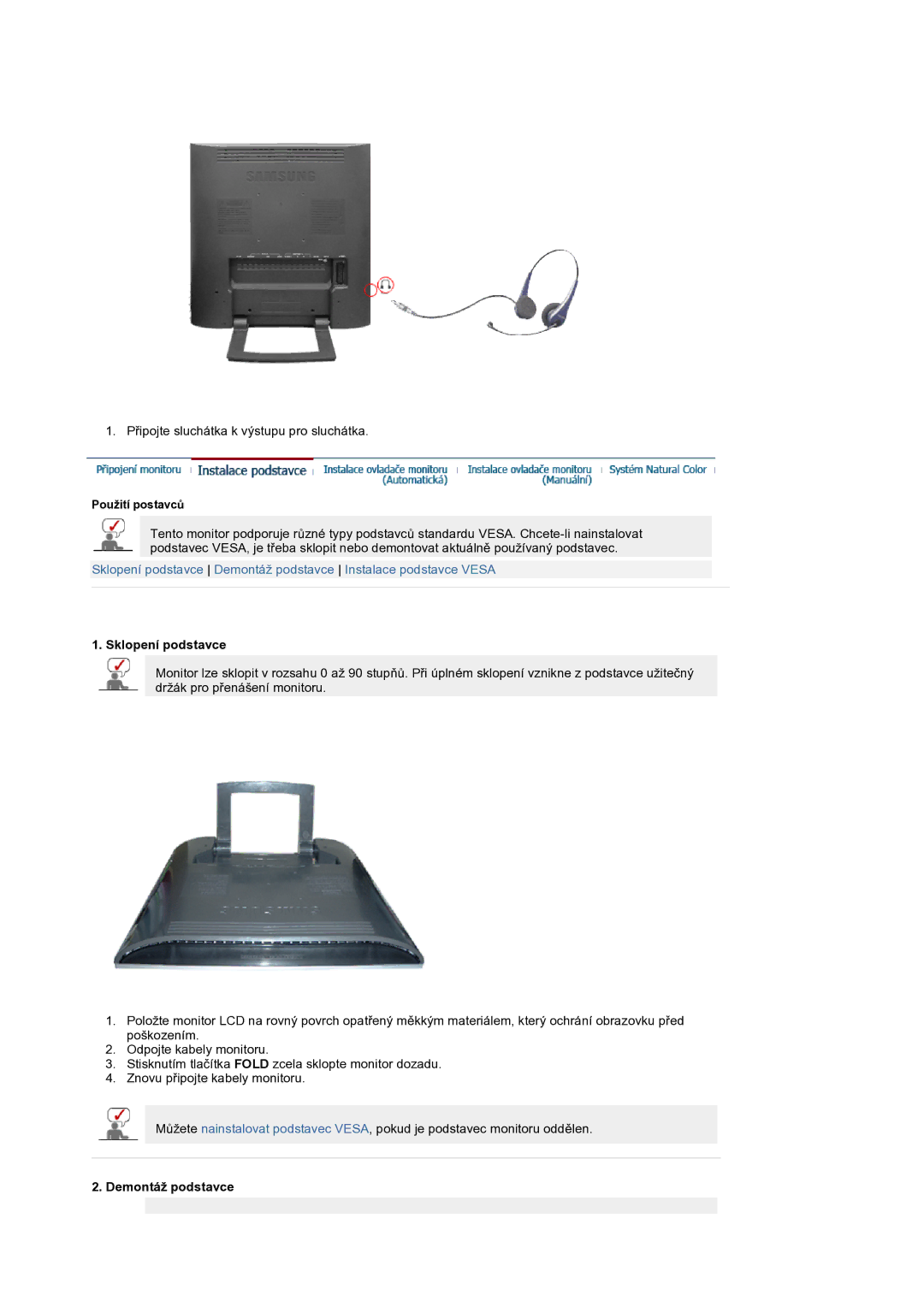 Samsung LS19RTUSS/EDC manual Sklopení podstavce, Demontáž podstavce 