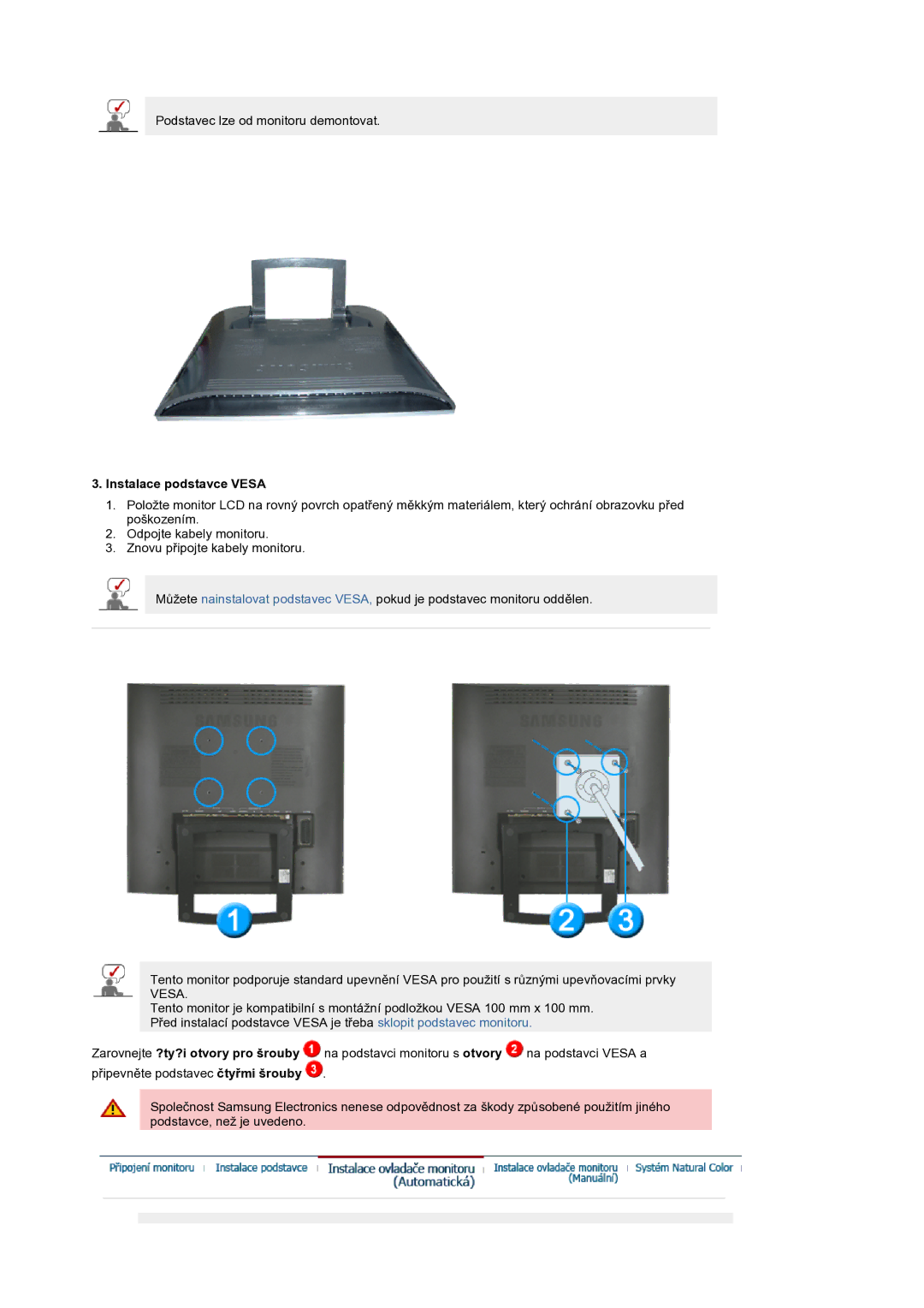 Samsung LS19RTUSS/EDC manual Instalace podstavce Vesa 