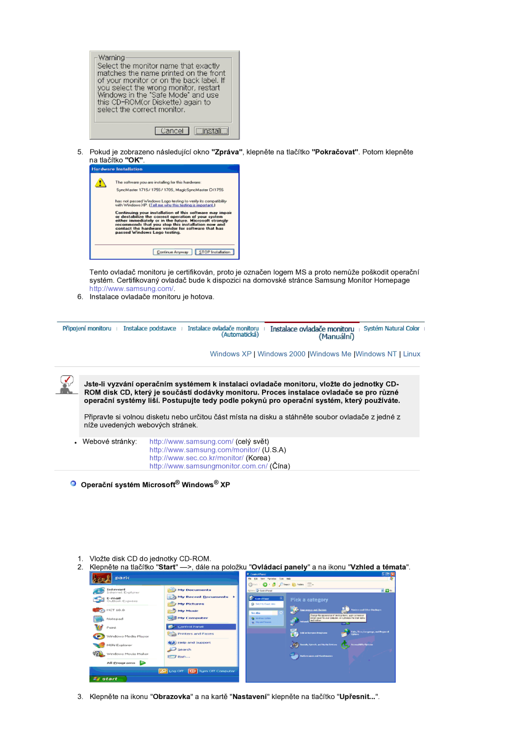 Samsung LS19RTUSS/EDC manual Windows XP Windows 2000 Windows Me Windows NT Linux, Operační systém Microsoft Windows XP 