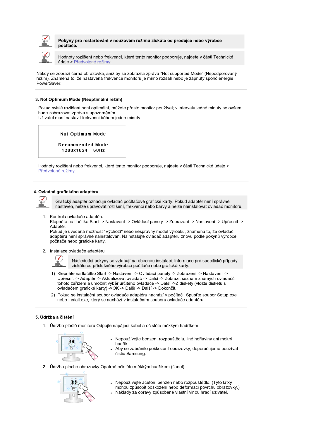 Samsung LS19RTUSS/EDC manual Not Optimum Mode Neoptimální režim, Ovladač grafického adaptéru, Údržba a čištění 