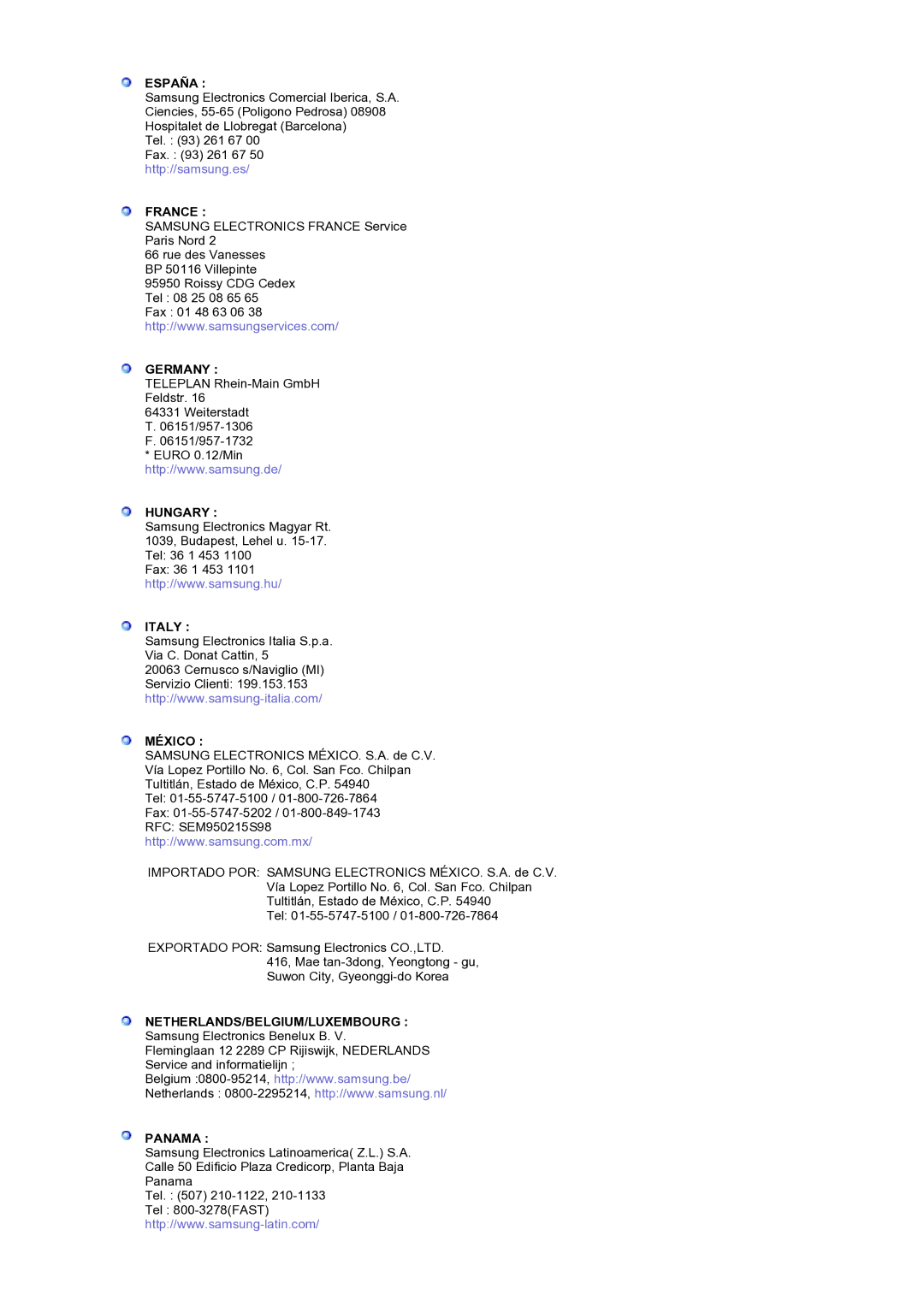 Samsung LS19RTUSS/EDC manual España, France, Germany, Hungary, Italy, México, Netherlands/Belgium/Luxembourg, Panama 