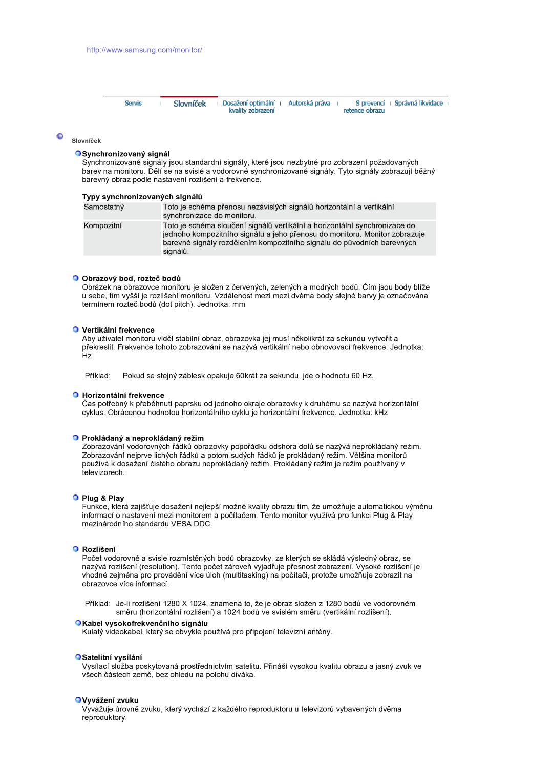 Samsung LS19RTUSS/EDC manual Synchronizovaný signál, Typy synchronizovaných signálů, Obrazový bod, rozteč bodů, Plug & Play 