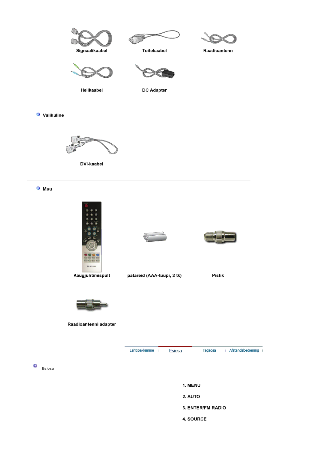 Samsung LS19RTUSS/EDC manual Toitekaabel, Raadioantenni adapter, Menu Auto ENTER/FM Radio Source 