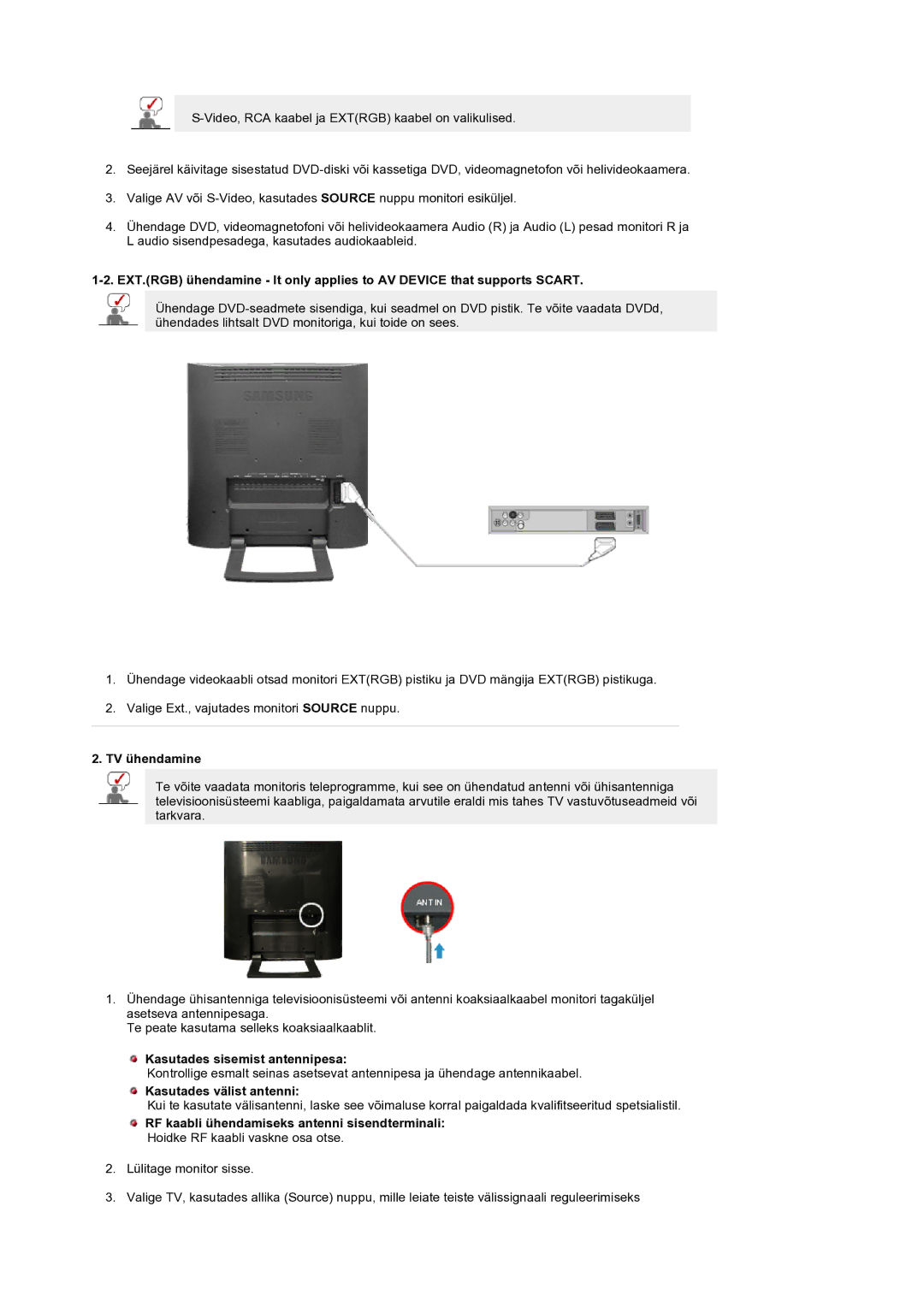 Samsung LS19RTUSS/EDC manual TV ühendamine, Kasutades sisemist antennipesa, Kasutades välist antenni 