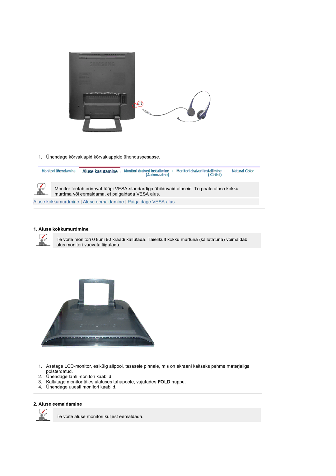 Samsung LS19RTUSS/EDC manual Aluse kokkumurdmine, Aluse eemaldamine 