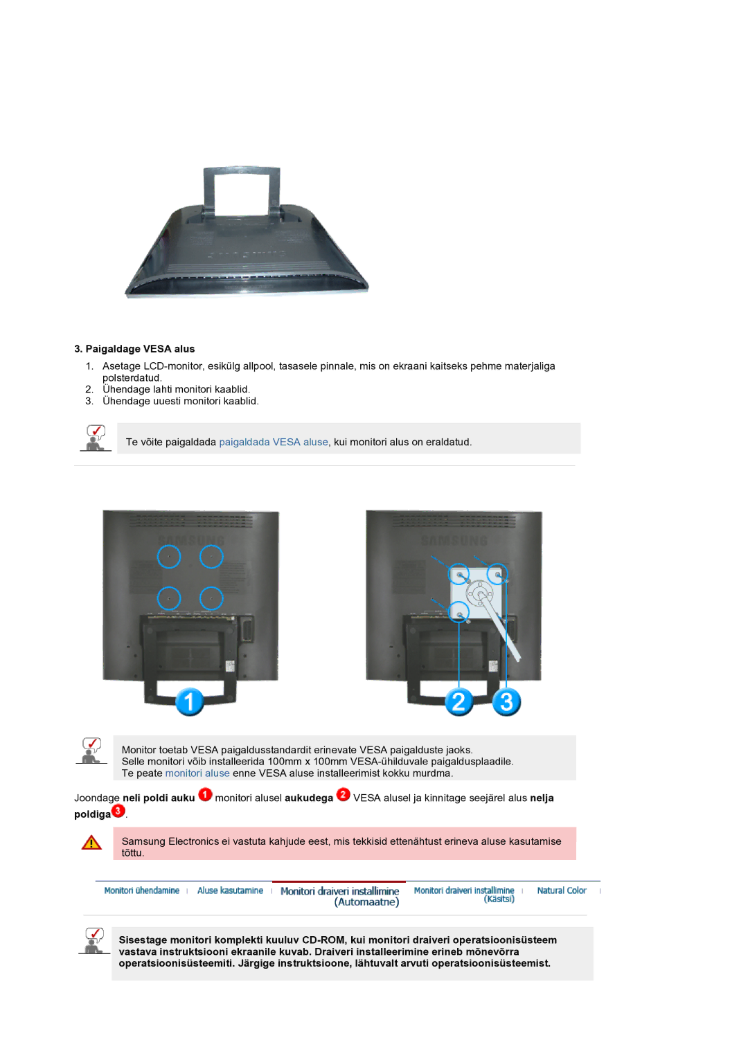 Samsung LS19RTUSS/EDC manual Paigaldage Vesa alus, Poldiga 