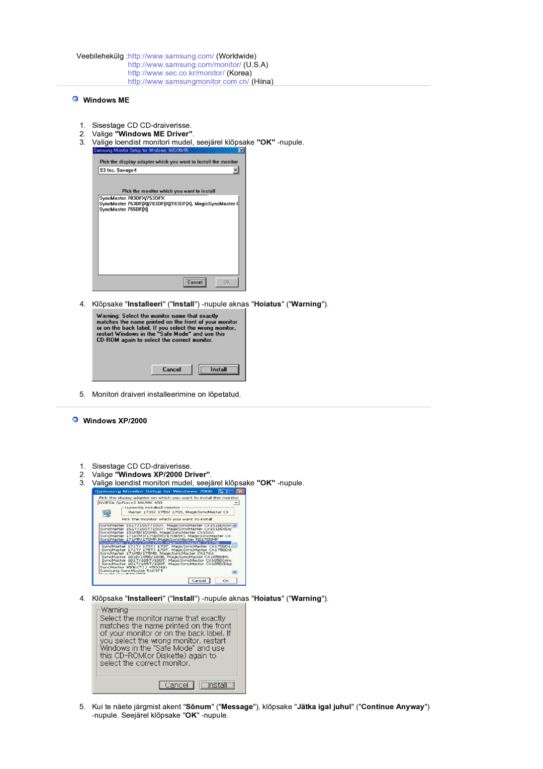 Samsung LS19RTUSS/EDC manual Valige Windows ME Driver, Valige Windows XP/2000 Driver 