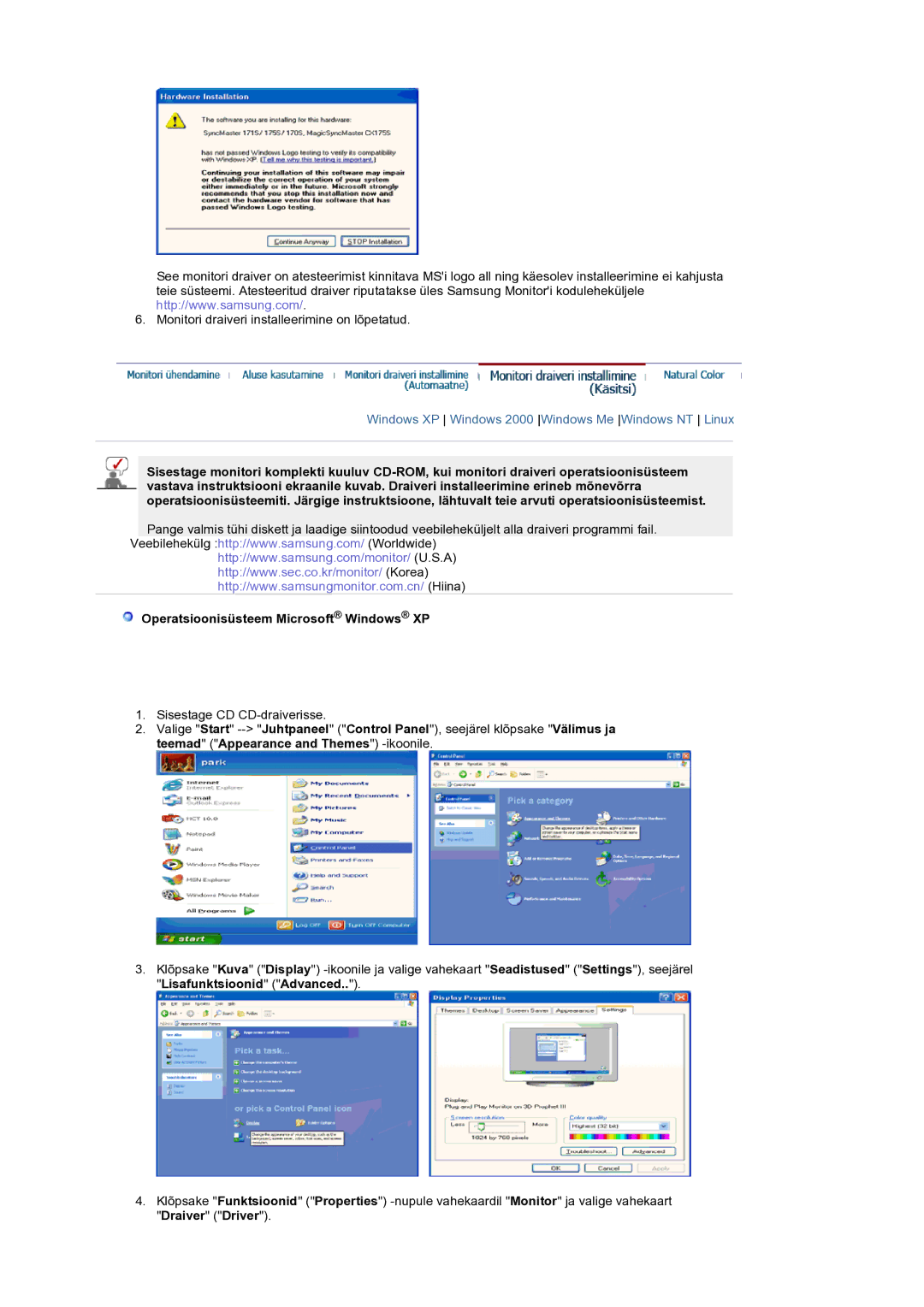 Samsung LS19RTUSS/EDC manual Windows XP Windows 2000 Windows Me Windows NT Linux, Operatsioonisüsteem Microsoft Windows XP 