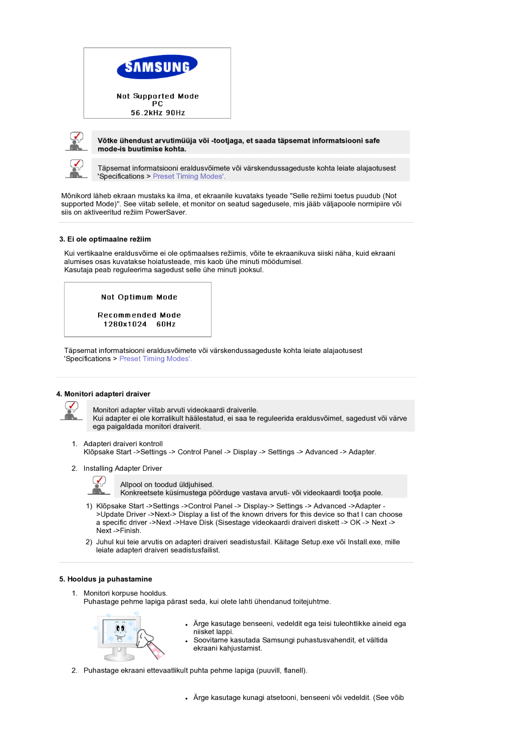 Samsung LS19RTUSS/EDC manual Ei ole optimaalne režiim, Monitori adapteri draiver, Hooldus ja puhastamine 