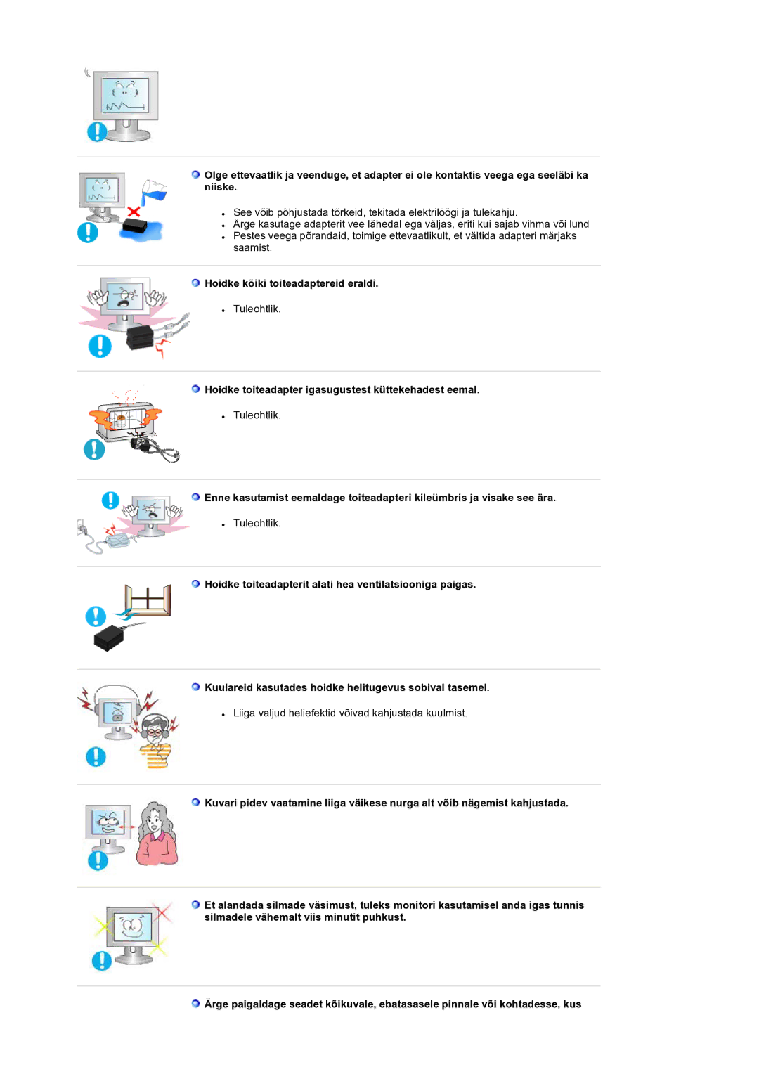 Samsung LS19RTUSS/EDC manual Hoidke kõiki toiteadaptereid eraldi, Hoidke toiteadapter igasugustest küttekehadest eemal 