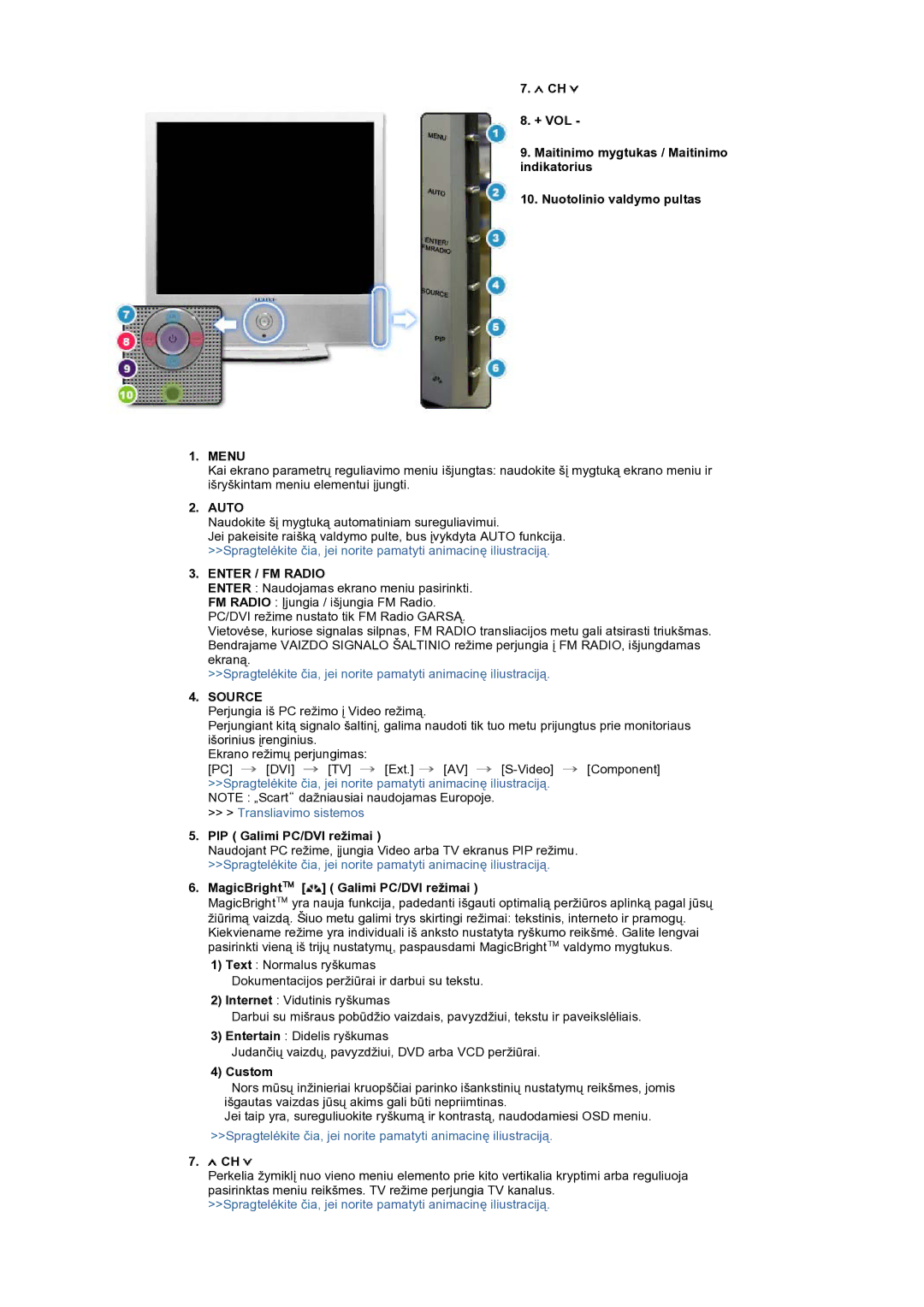 Samsung LS19RTUSS/EDC manual Menu, Enter / FM Radio, PIP Galimi PC/DVI režimai, MagicBright Galimi PC/DVI režimai, Custom 