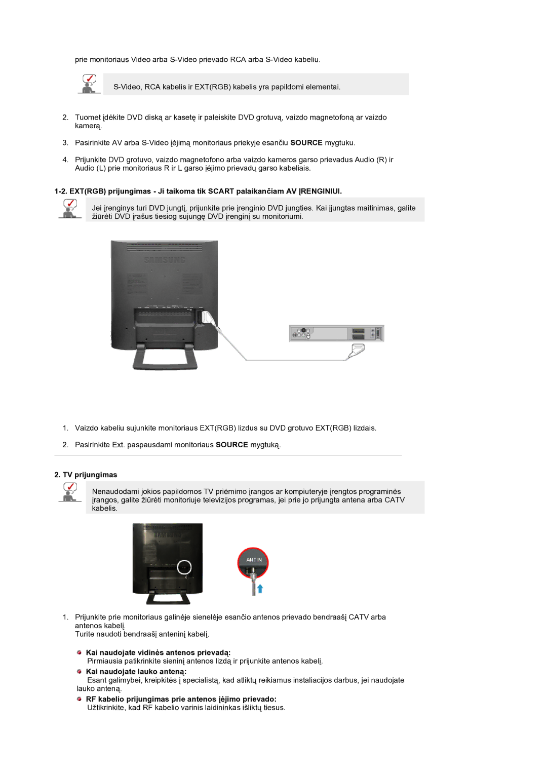 Samsung LS19RTUSS/EDC manual TV prijungimas, Kai naudojate vidinės antenos prievadą, Kai naudojate lauko anteną 