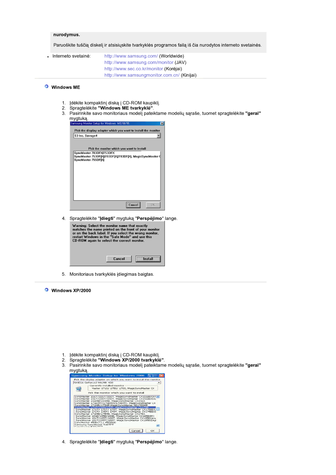 Samsung LS19RTUSS/EDC manual Nurodymus, Spragtelėkite Windows ME tvarkyklė, Windows XP/2000 