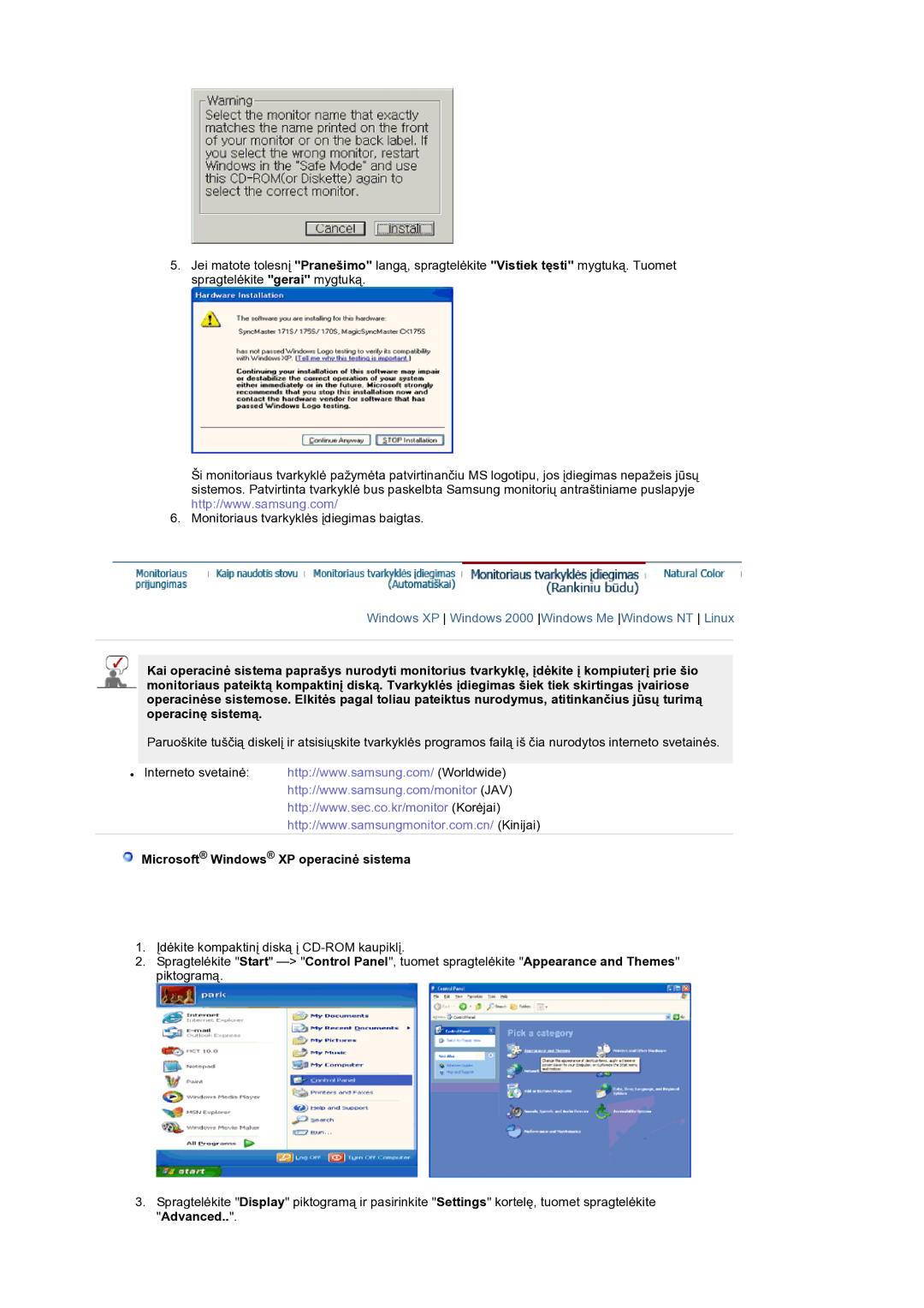 Samsung LS19RTUSS/EDC manual Microsoft Windows XP operacinė sistema 