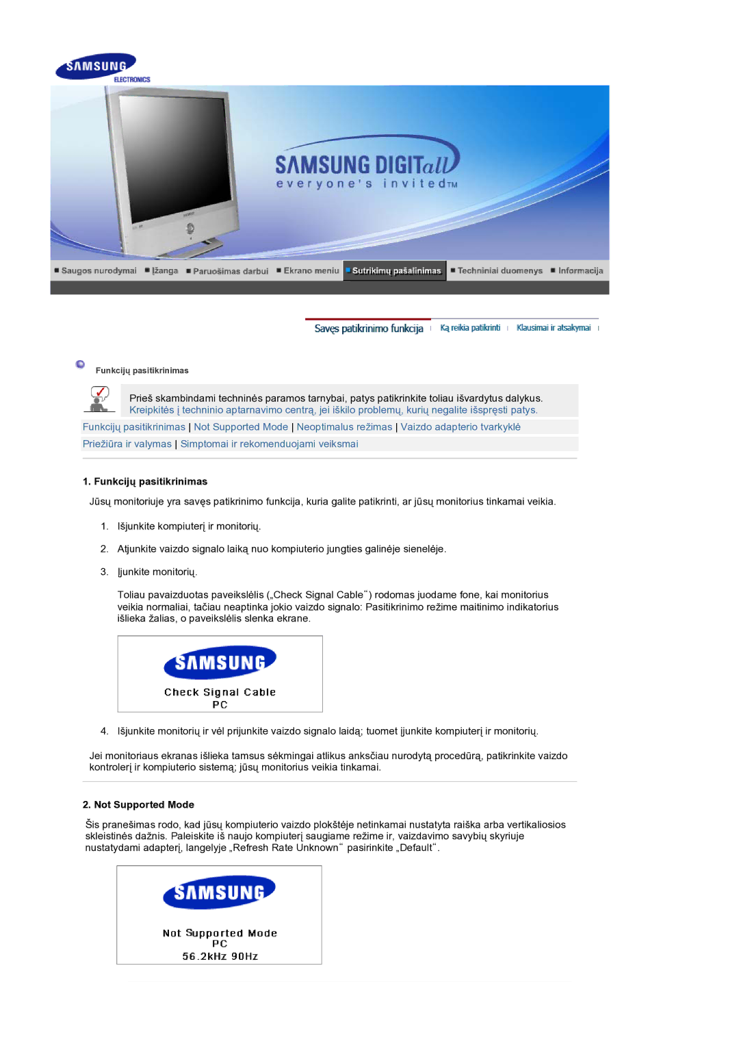 Samsung LS19RTUSS/EDC manual Funkcijų pasitikrinimas, Not Supported Mode 