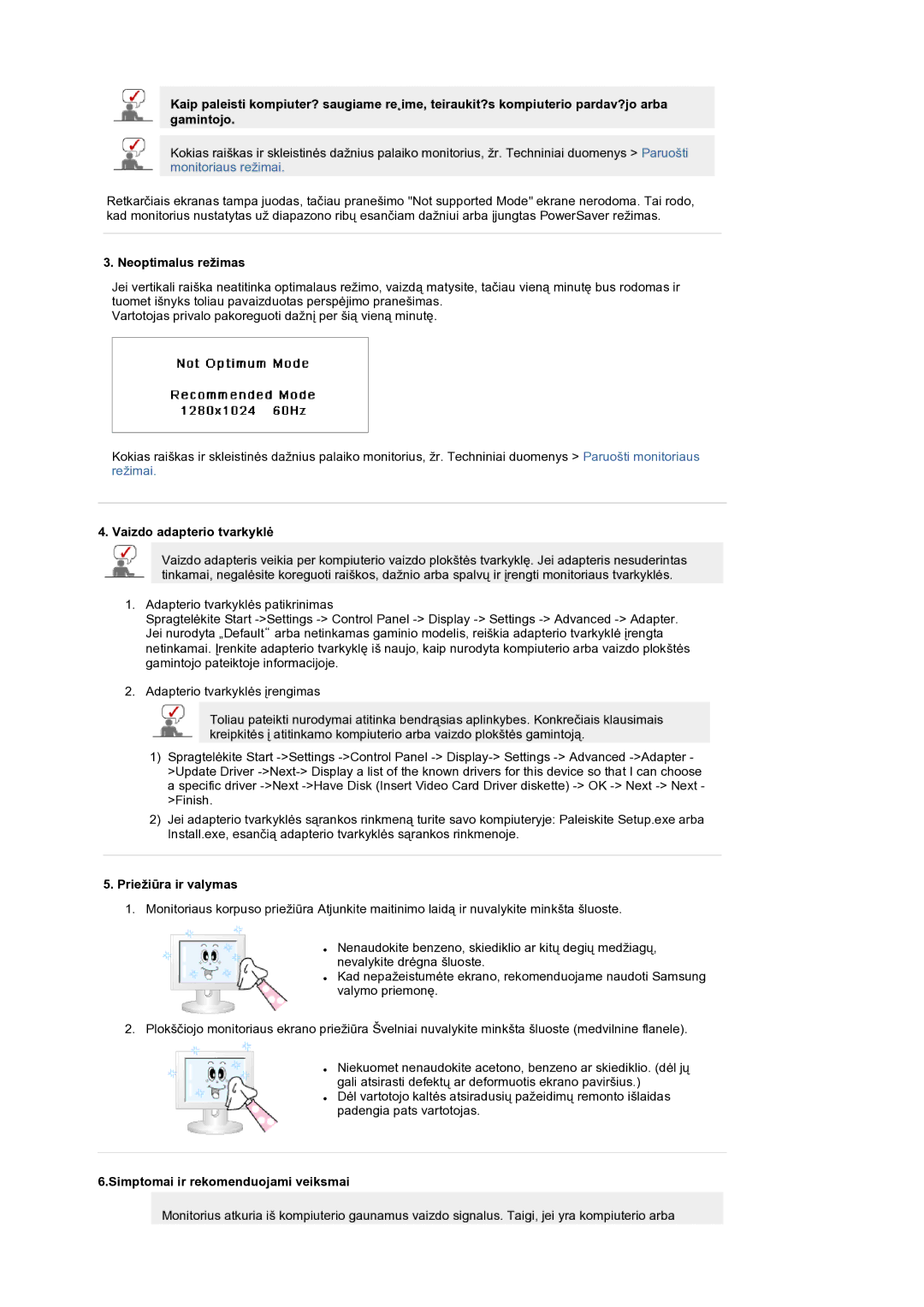 Samsung LS19RTUSS/EDC manual Neoptimalus režimas, Vaizdo adapterio tvarkyklė, Priežiūra ir valymas 