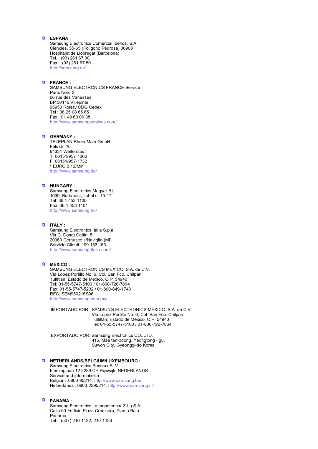 Samsung LS19RTUSS/EDC manual España, France, Germany, Hungary, Italy, México, Netherlands/Belgium/Luxembourg, Panama 