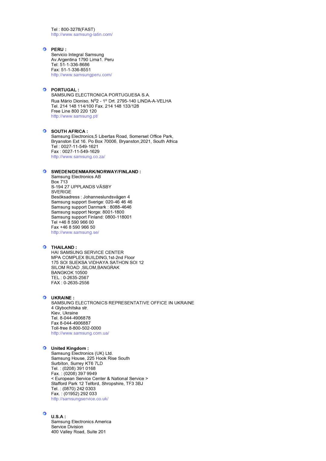 Samsung LS19RTUSS/EDC manual Peru, Portugal, South Africa, Sweden/Denmark/Norway/Finland, Thailand, Ukraine 