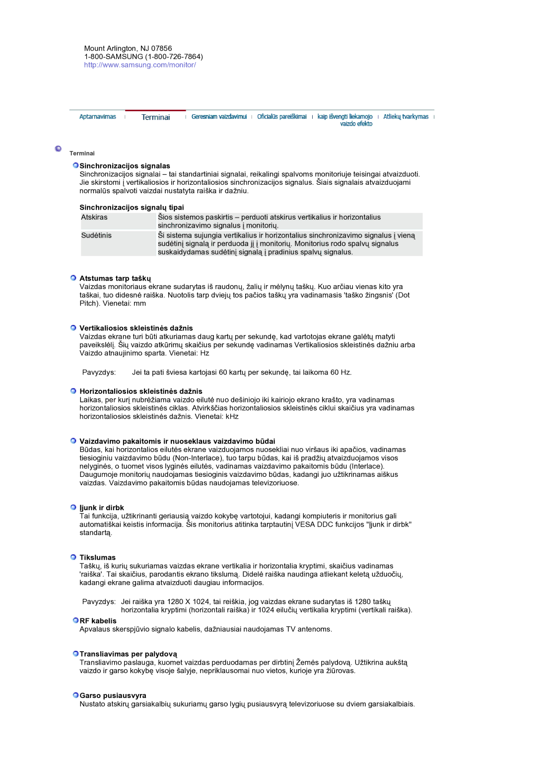 Samsung LS19RTUSS/EDC manual Sinchronizacijos signalas, Sinchronizacijos signalų tipai, Atstumas tarp taškų, Įjunk ir dirbk 