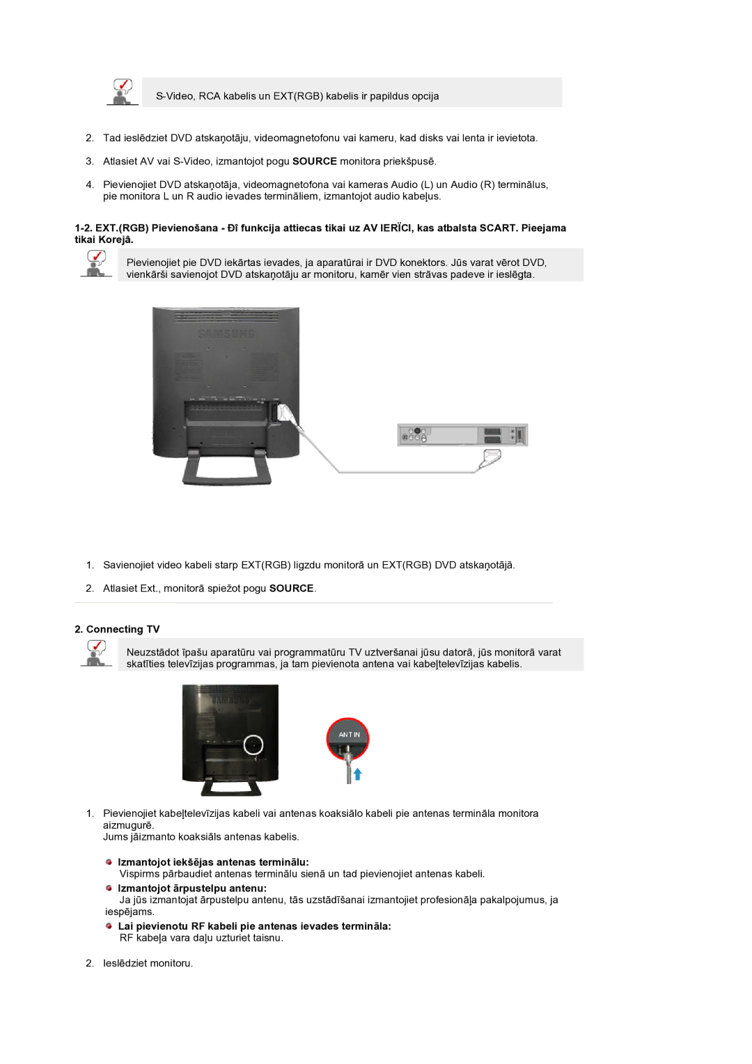 Samsung LS19RTUSS/EDC manual Connecting TV, Izmantojot iekšējas antenas terminālu, Izmantojot ārpustelpu antenu 