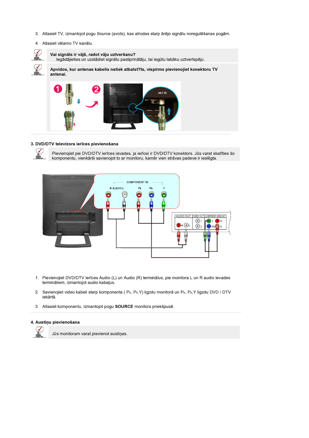 Samsung LS19RTUSS/EDC manual Vai signāls ir vājš, radot vāju uztveršanu?, Austiņu pievienošana 