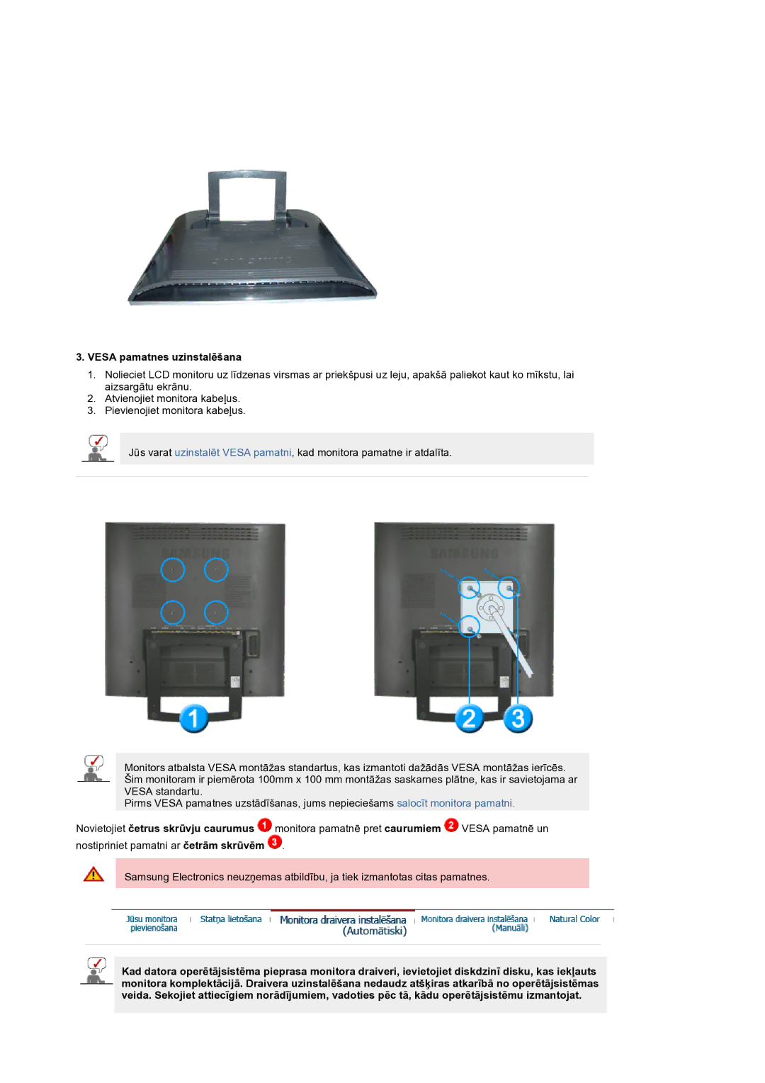 Samsung LS19RTUSS/EDC manual Vesa pamatnes uzinstalēšana 