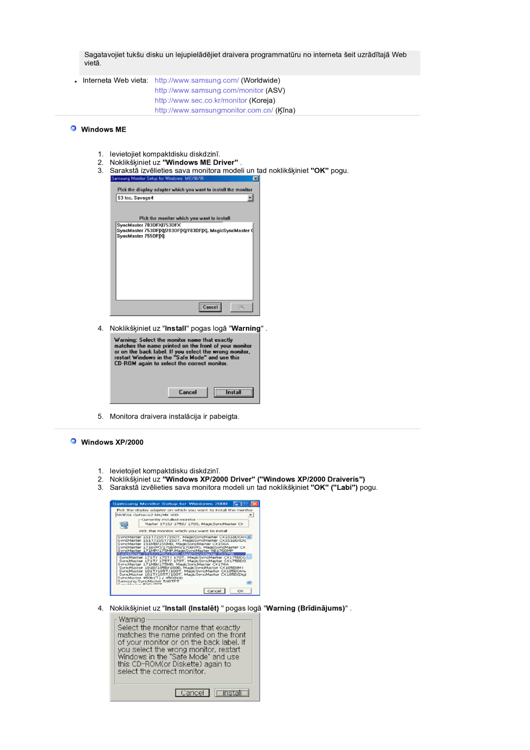 Samsung LS19RTUSS/EDC manual Noklikšķiniet uz Windows ME Driver, Windows XP/2000 