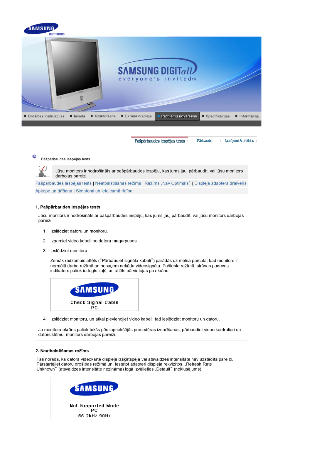 Samsung LS19RTUSS/EDC manual Pašpārbaudes iespējas tests, Neatbalstīšanas režīms 