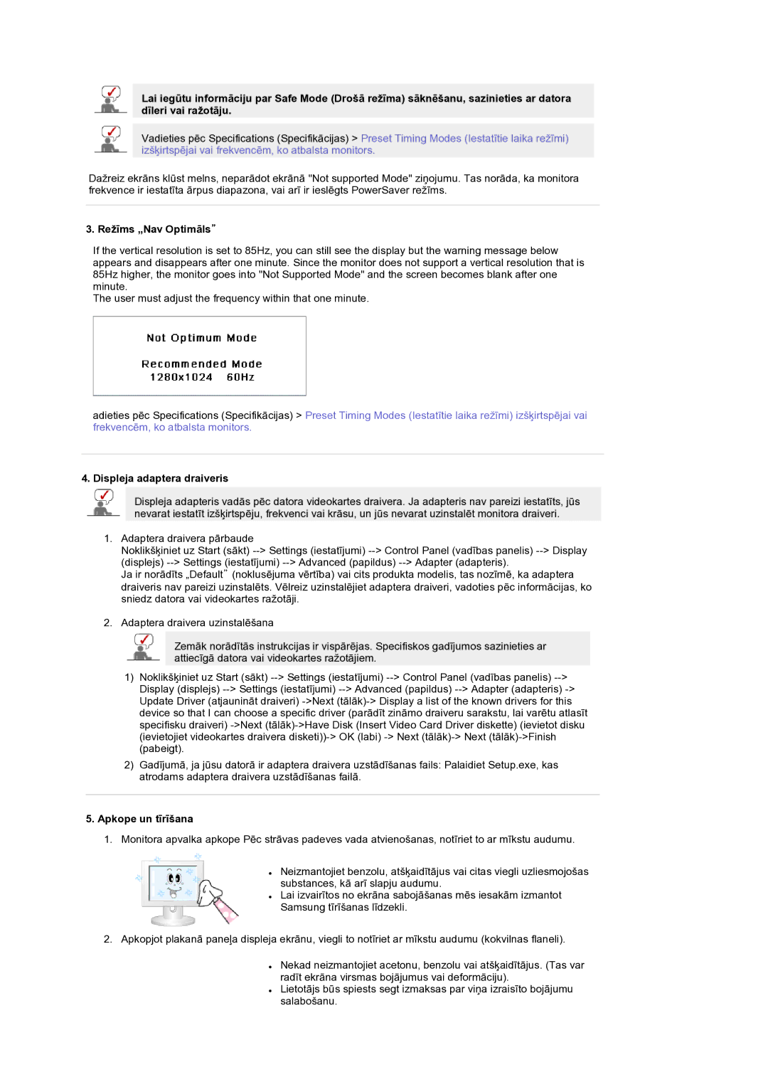 Samsung LS19RTUSS/EDC manual Režīms „Nav Optimāls, Displeja adaptera draiveris, Apkope un tīrīšana 