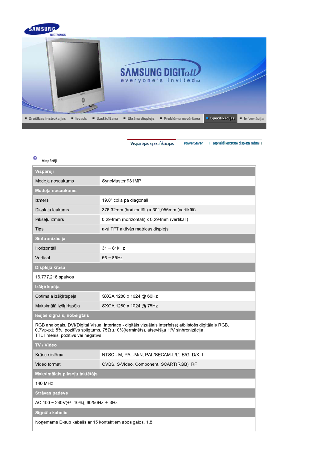 Samsung LS19RTUSS/EDC manual Vispārēji 