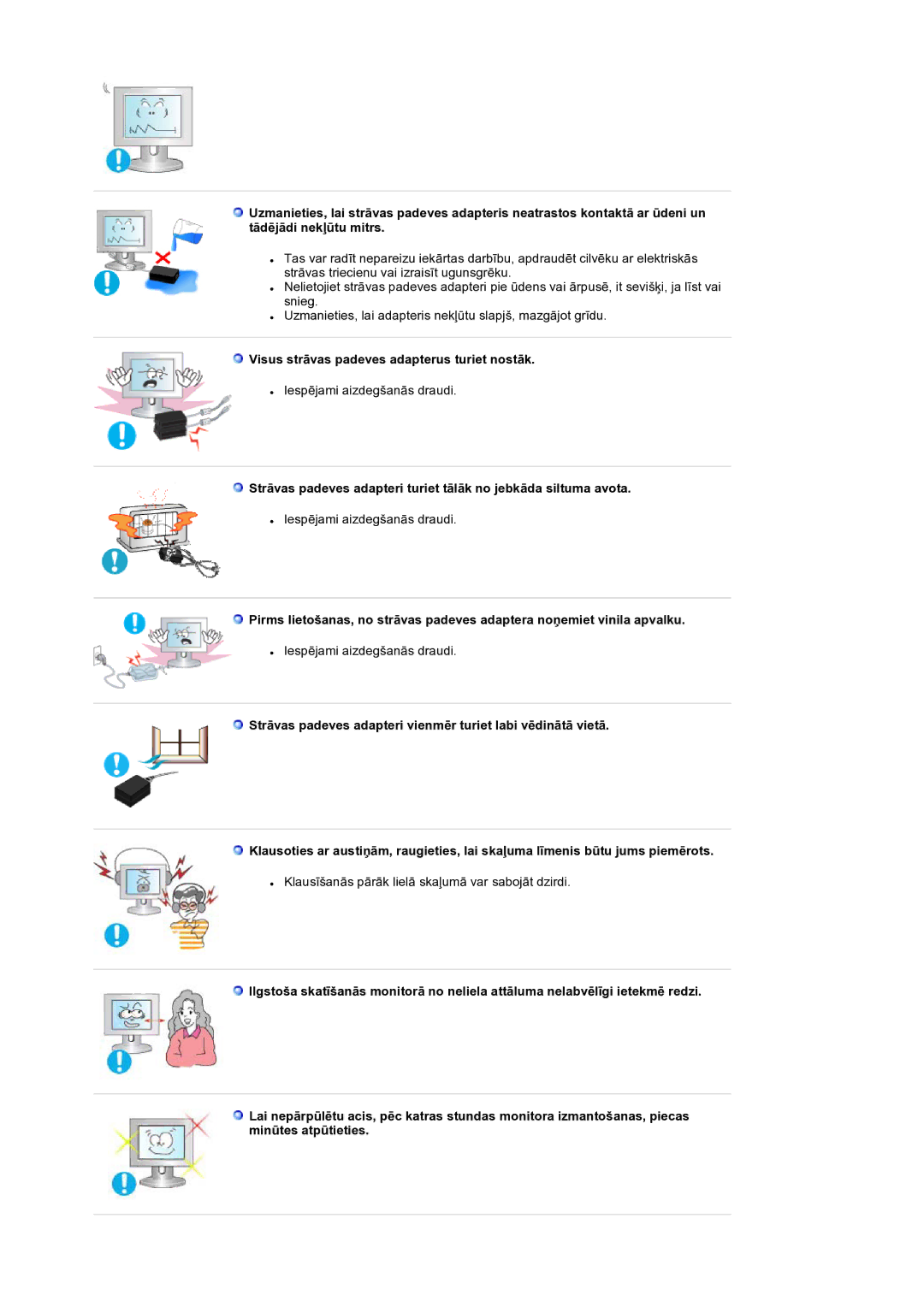 Samsung LS19RTUSS/EDC manual Visus strāvas padeves adapterus turiet nostāk 