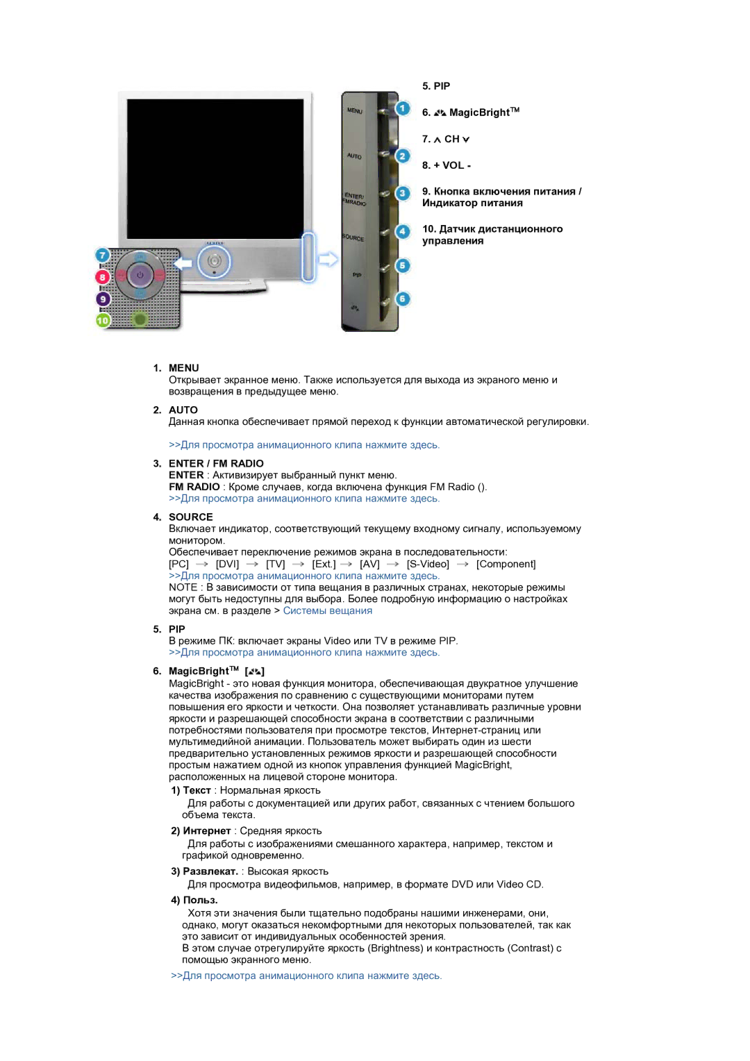 Samsung LS19RTUSS/EDC manual Menu, Enter / FM Radio, Pip, Польз 