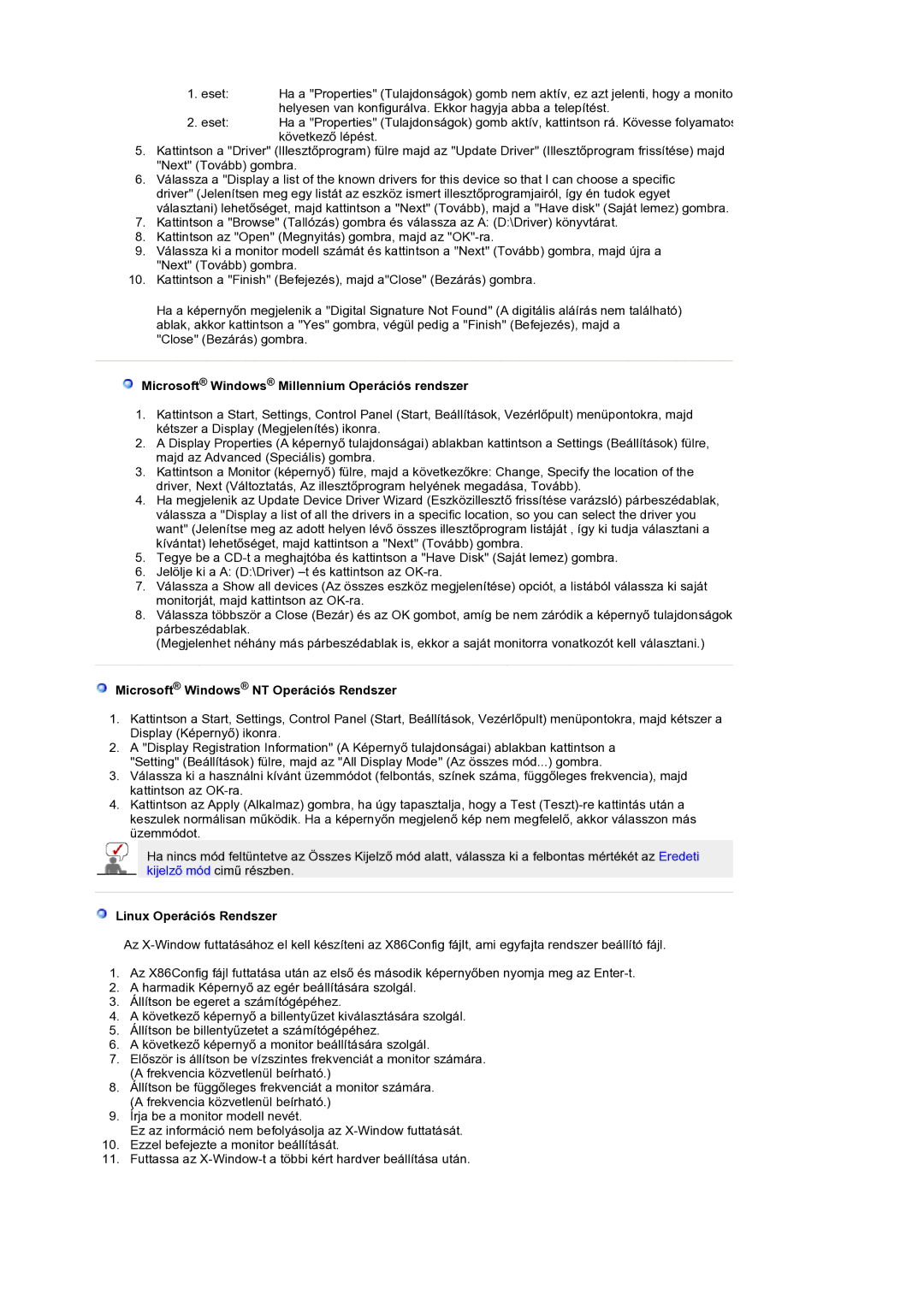 Samsung LS19RTUSS/EDC manual Microsoft Windows Millennium Operációs rendszer, Microsoft Windows NT Operációs Rendszer 