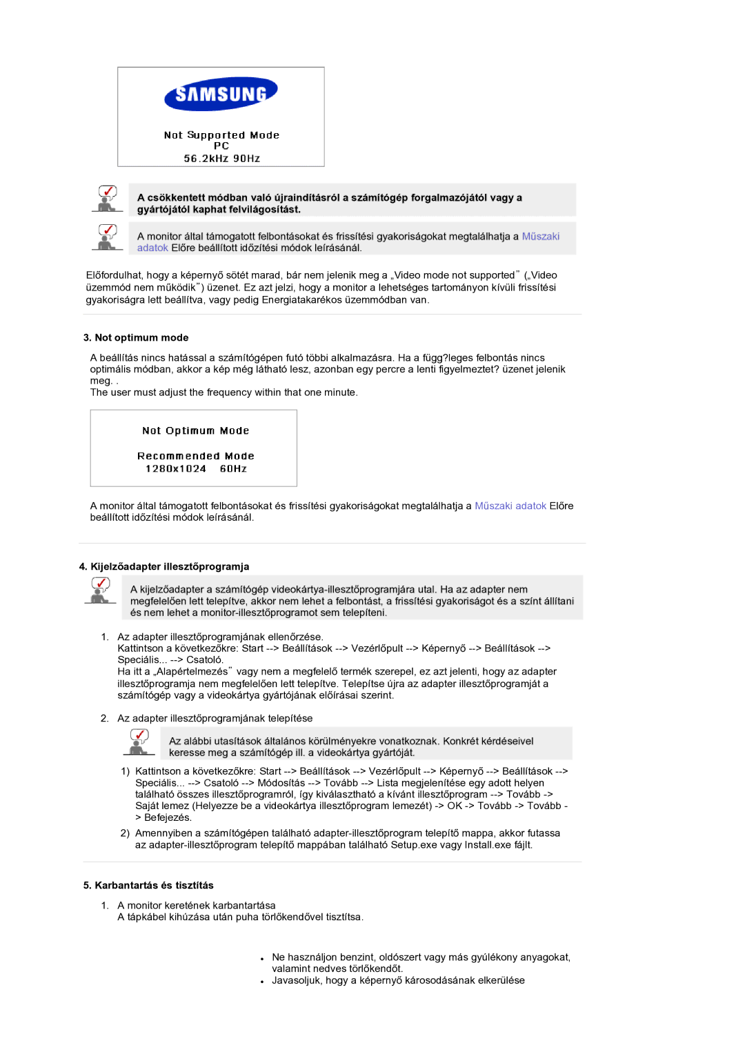 Samsung LS19RTUSS/EDC manual Not optimum mode, Kijelzőadapter illesztőprogramja, Karbantartás és tisztítás 