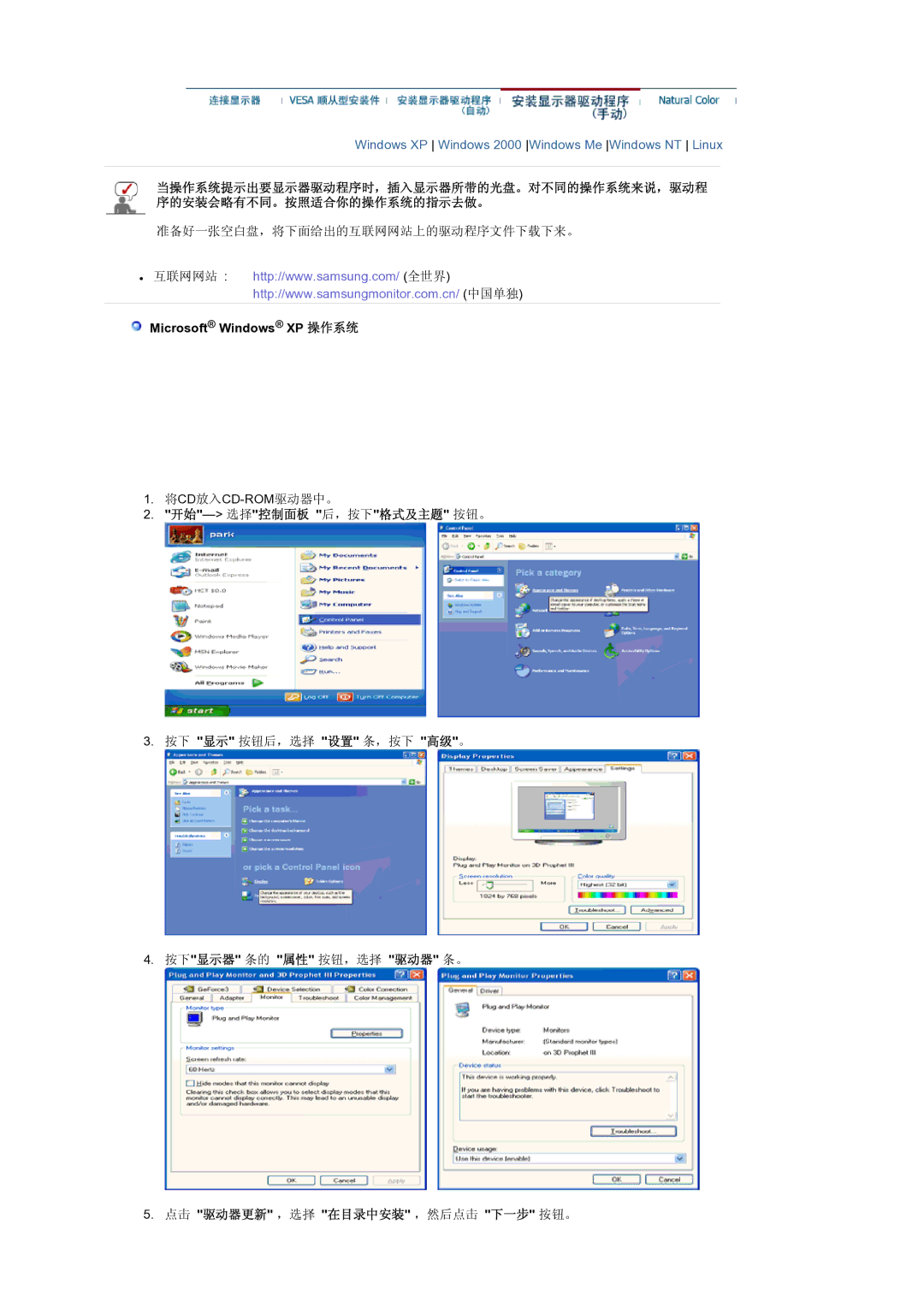 Samsung LS19RTUSS/EDC manual Microsoft Windows XP 操作系统, 开始-选择控制面板 后，按下格式及主题 按钮。 