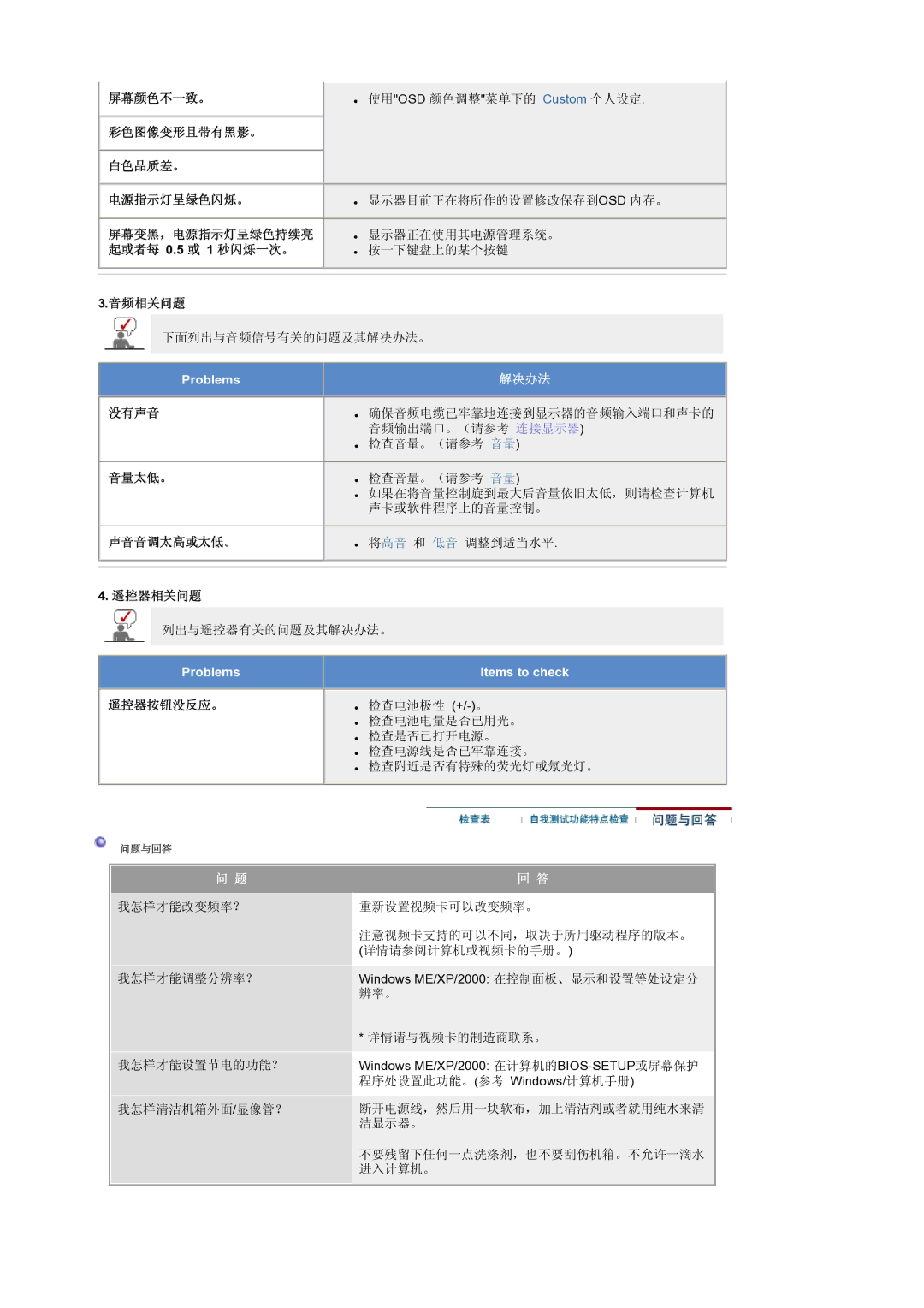 Samsung LS19RTUSS/EDC 屏幕颜色不一致。, 彩色图像变形且带有黑影。 白色品质差。 电源指示灯呈绿色闪烁。, 起或者每 0.5 或 1 秒闪烁一次。, 音频相关问题, 没有声音, 音量太低。, 声音音调太高或太低。 