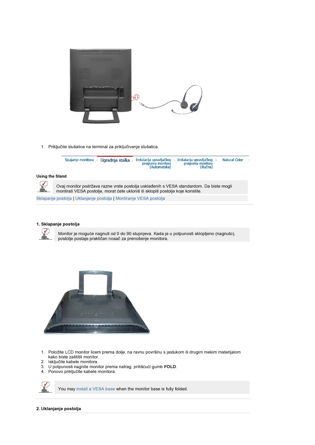 Samsung LS19RTUSS/EDC manual Sklapanje postolja, Uklanjanje postolja 