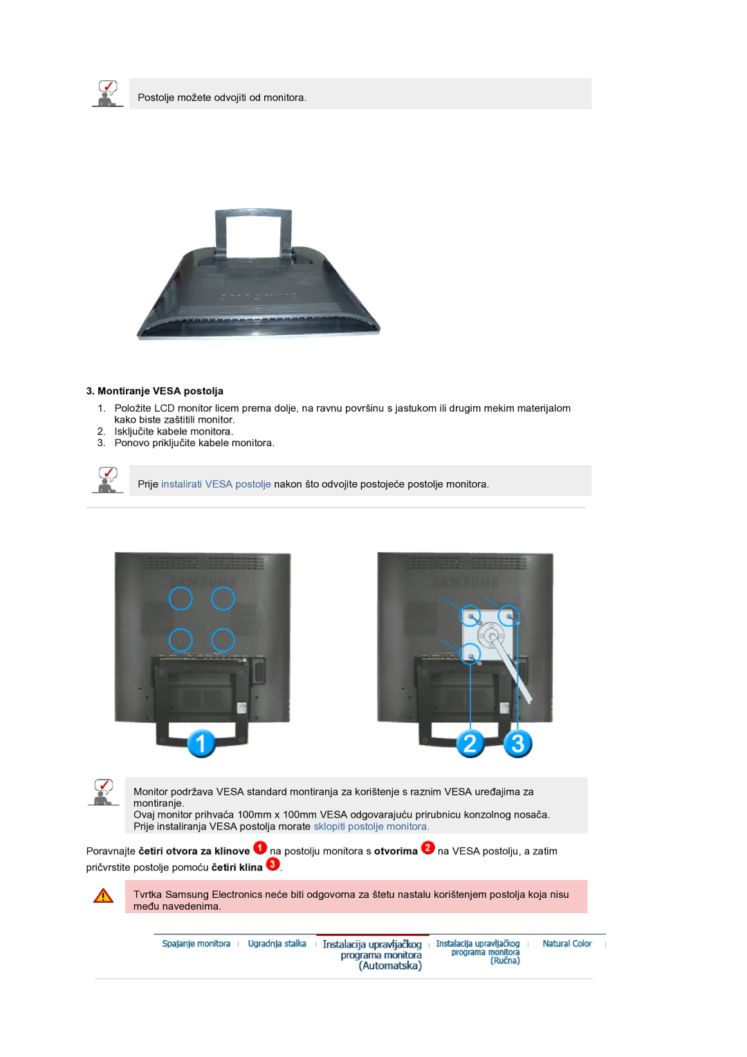 Samsung LS19RTUSS/EDC manual Montiranje Vesa postolja 