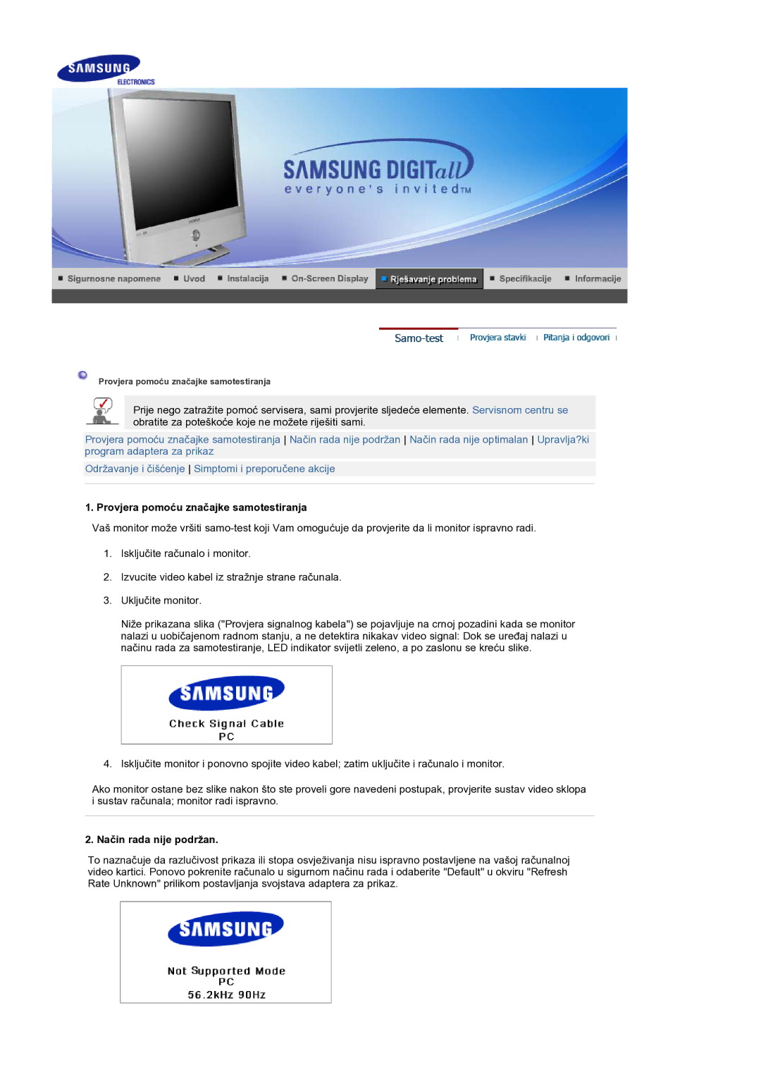 Samsung LS19RTUSS/EDC manual Provjera pomoću značajke samotestiranja, Način rada nije podržan 