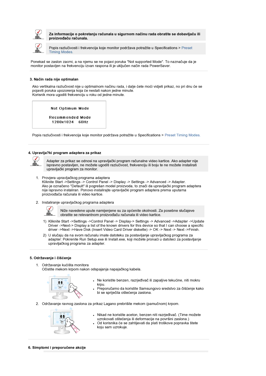 Samsung LS19RTUSS/EDC manual Način rada nije optimalan, Upravlja?ki program adaptera za prikaz, Održavanje i čišćenje 