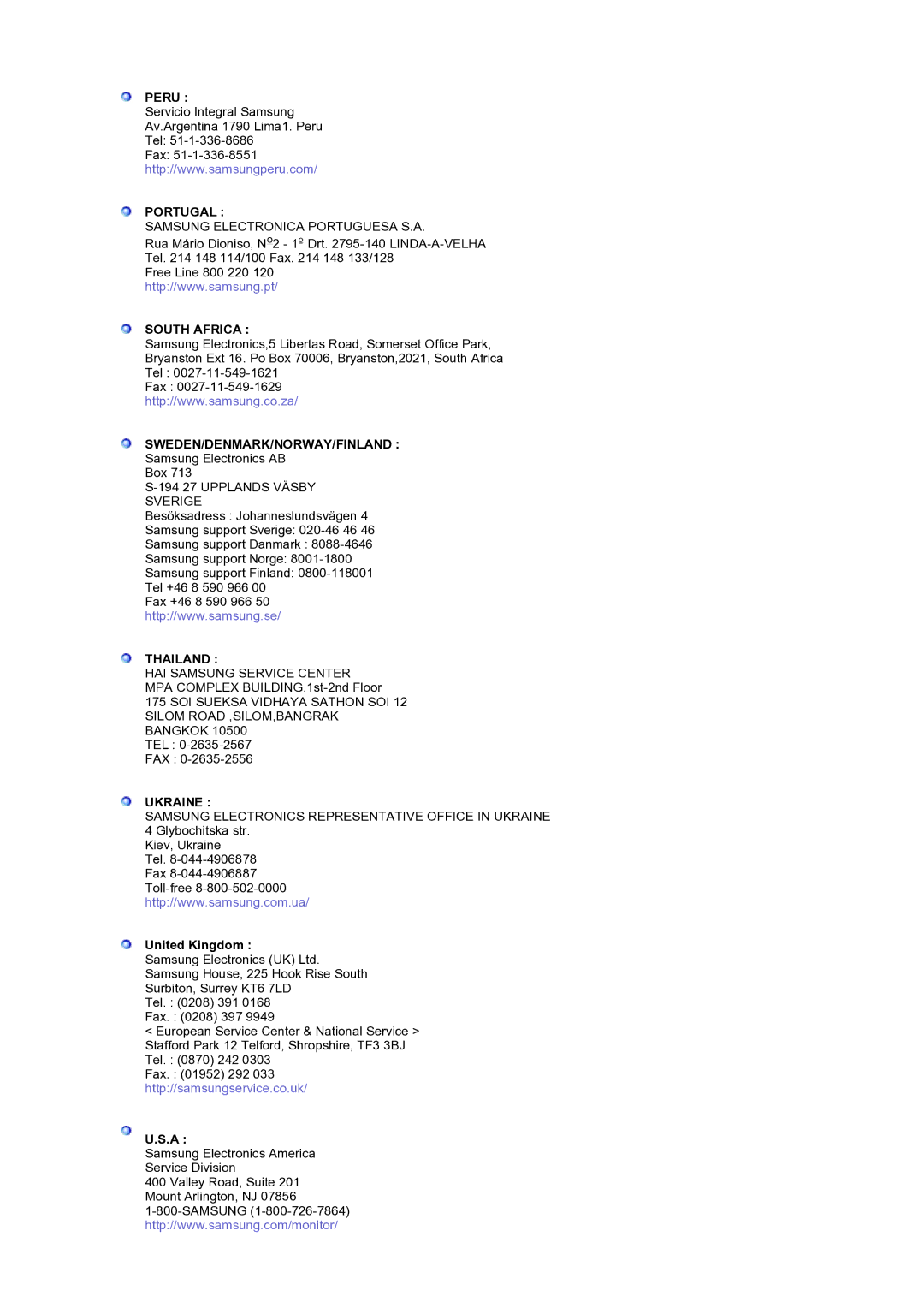 Samsung LS19RTUSS/EDC manual Peru, Portugal, South Africa, Sweden/Denmark/Norway/Finland, Thailand, Ukraine 